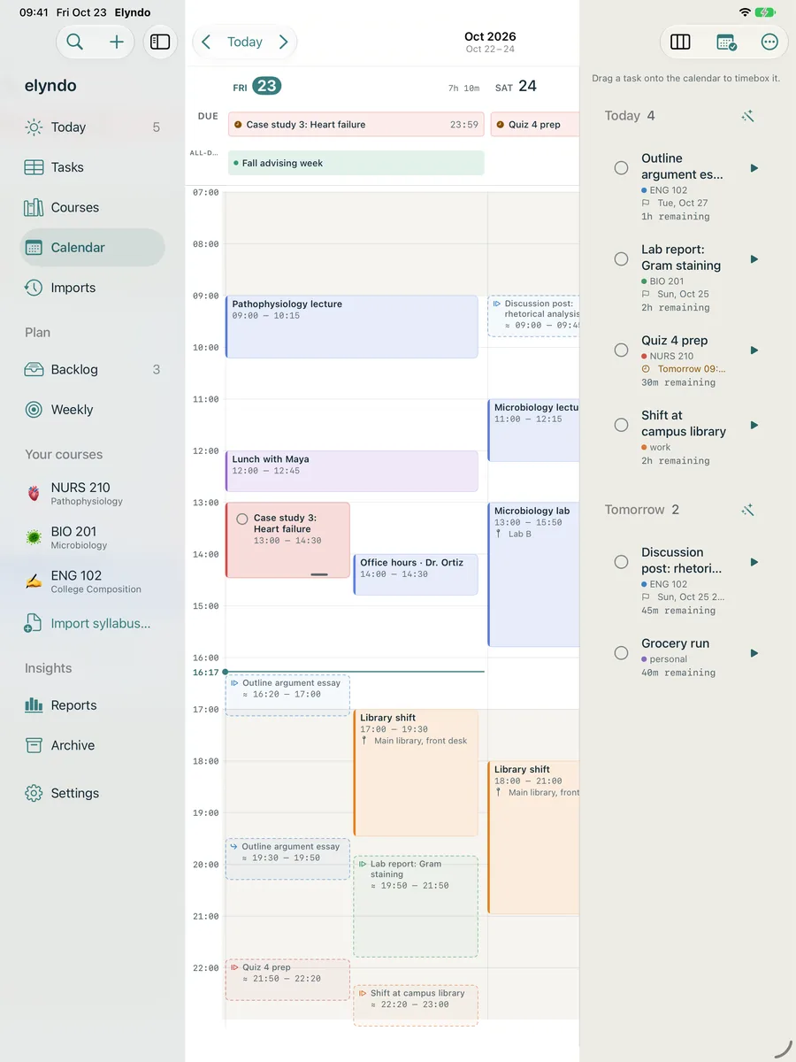Elyndo on iPad: the calendar with classes, timeboxed tasks and the unscheduled tray.