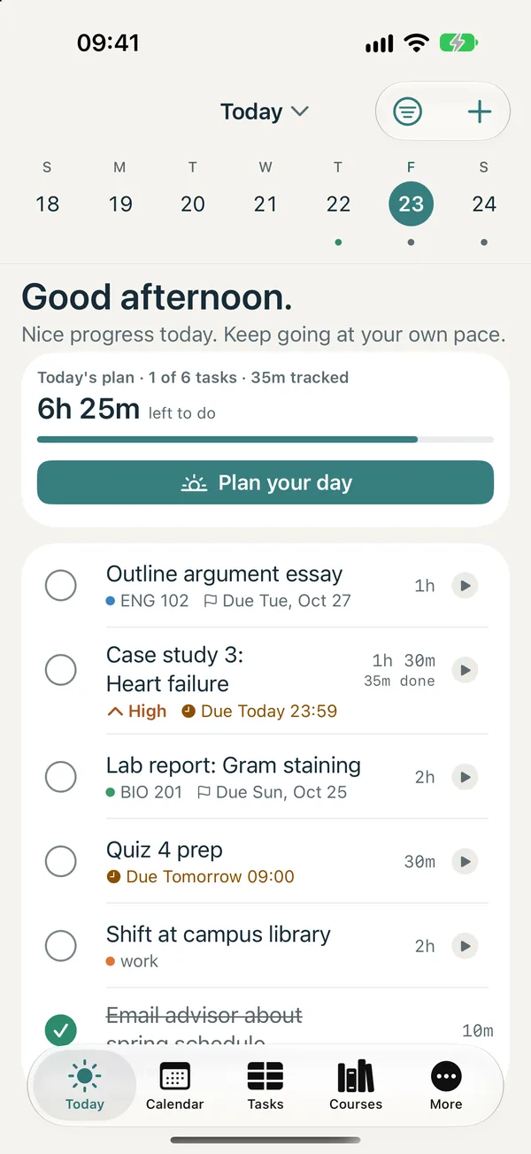 Elyndo on iPhone: Today, with the day's plan card and its tasks.