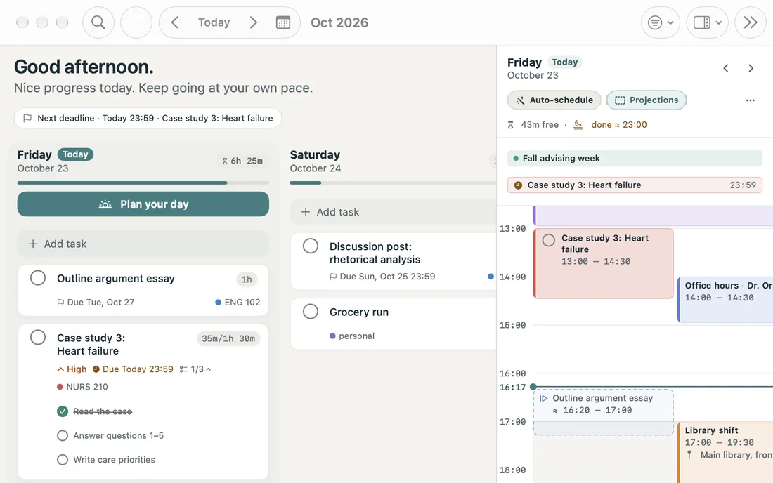 Elyndo on Mac: day columns with today's tasks next to the day's calendar.